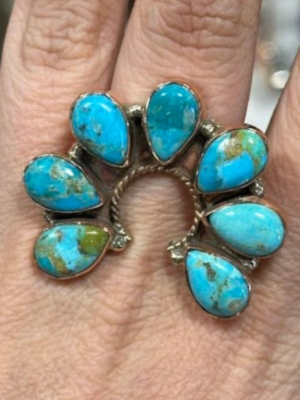 Turquoise 7 Stone Naja in Pure Copper Bypass Ring Size 8